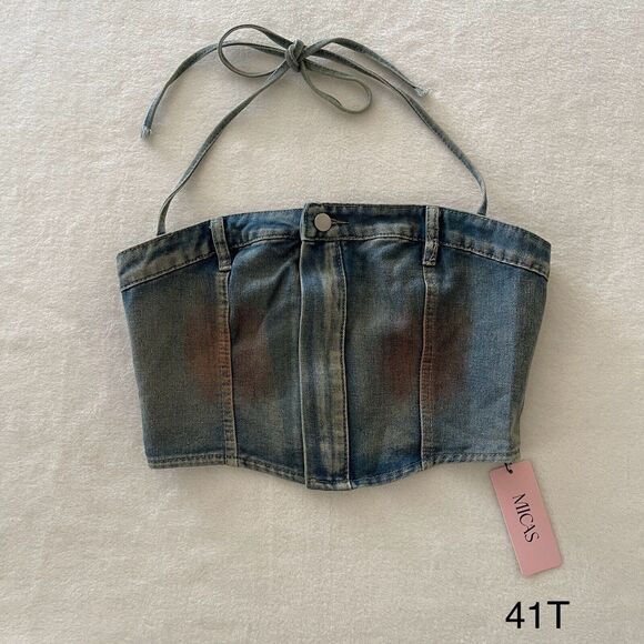 NWT Micas Rust Halter Denim Crop Top‎ Y2K Style Sz L Grunge Western - Picture 1 of 10